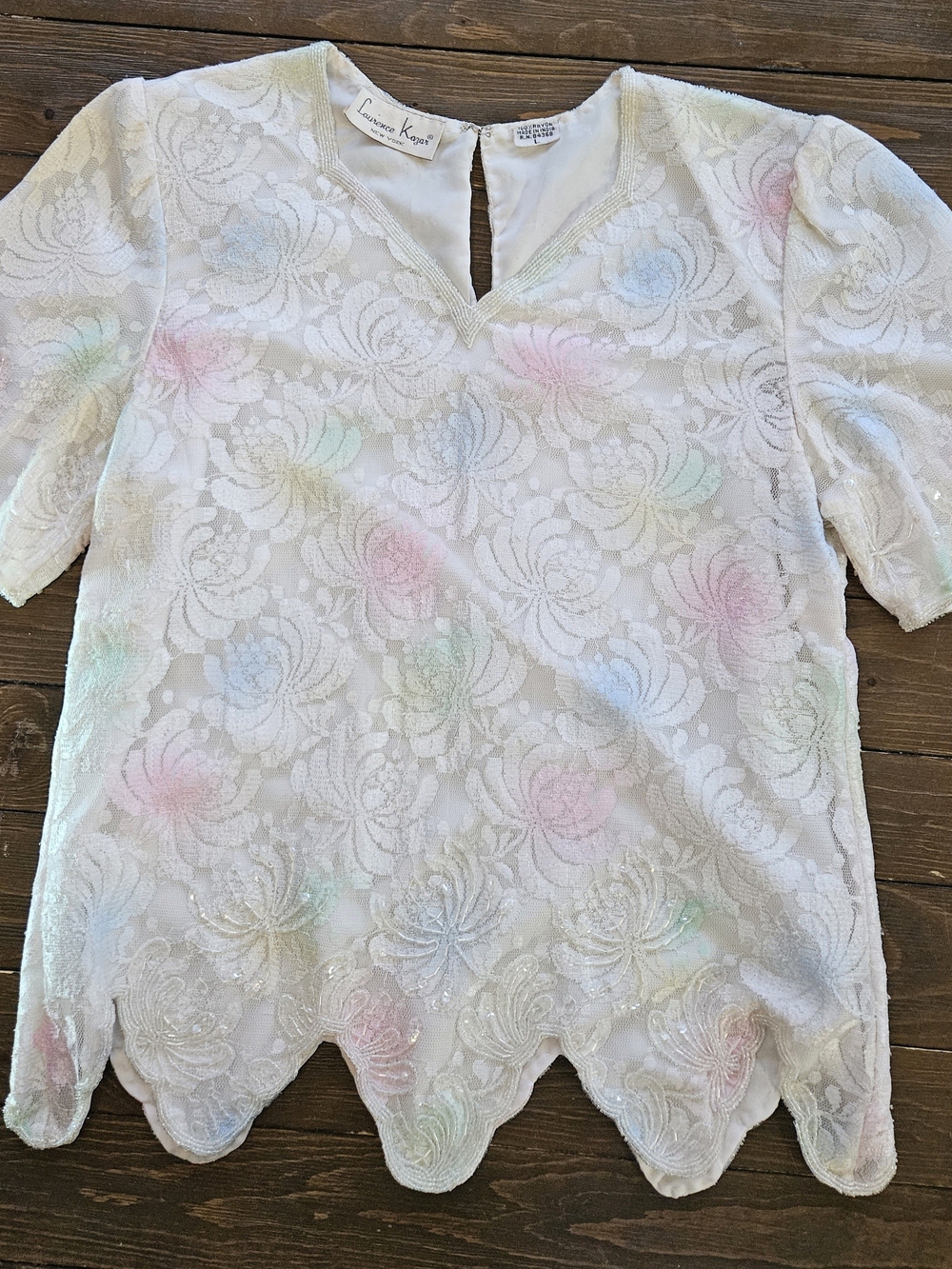 Vintage Laurence Kazar White Lace Blouse with Pastel Floral Accents